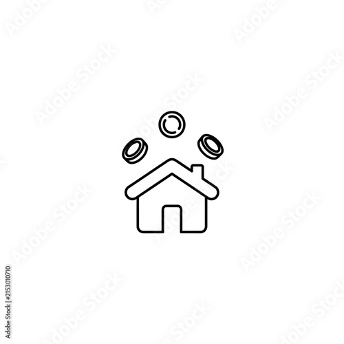 A simple line icon showing a house with floating coins above