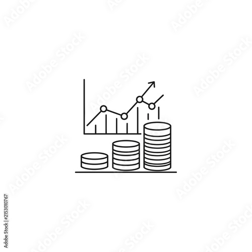 A simple line icon showing rising financial growth and coin stacks