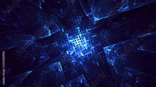 Illustration created as a 3D render without generative AI, abstract futuristic energy burst and geometric cosmic light background