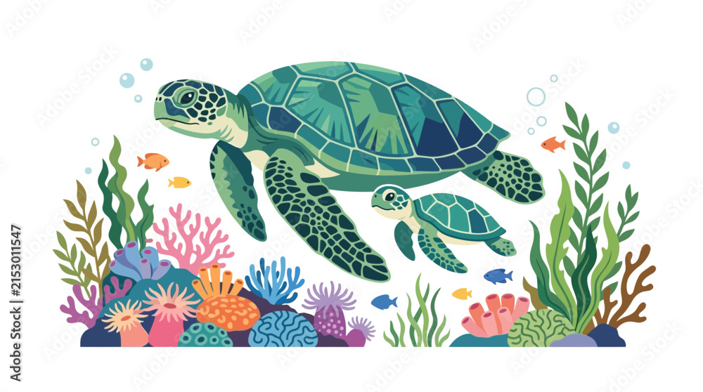 Fototapeta premium Sea turtles swimming over vibrant coral reef vector illustration