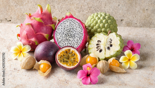 Canvastavla Colorful tropical fruits including dragon fruit, passion fruit, sugar apple, and