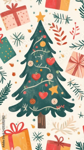 Festive christmas tree with ornaments and colorful wrapped gifts on holiday background