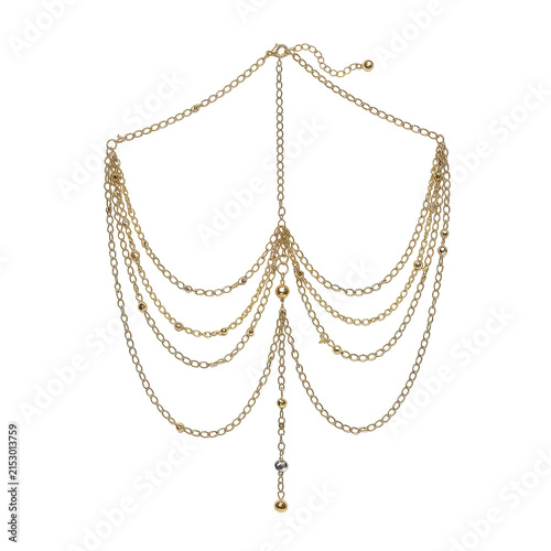 Ornate gold chain headpiece with cascading strands and decorative spheres isolated on white background