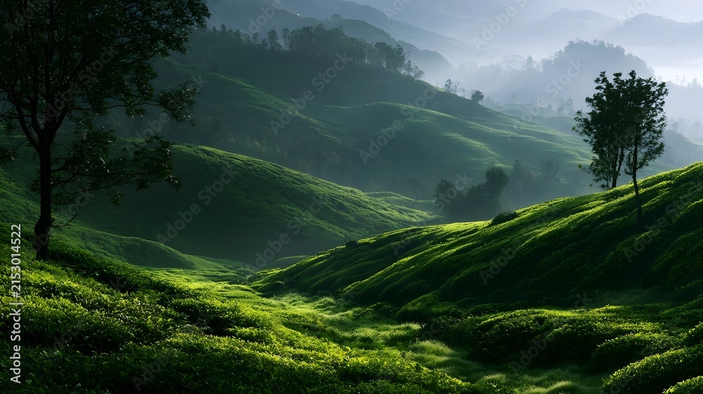 Naklejka premium Sunlight illuminates rolling green hills covered in dense vegetation with scattered trees and misty atmospheric depth