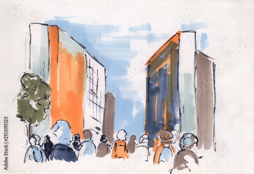 People crowd walking in the city street. Hand painting illustration.