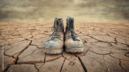 Worn boots on cracked dry earth under cloudy sky evoke rugged outdoor adventure
