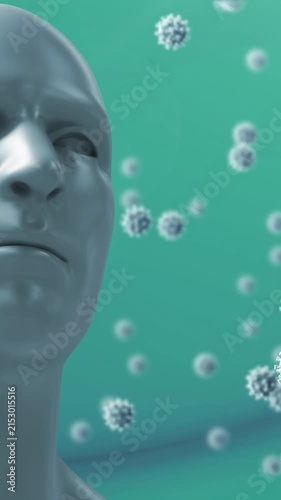 Animation of human face model and multiple covid-19 cell icons floating against blue background