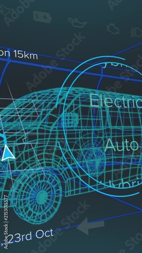 Animation of icons processing status data over van model wearing van on black background