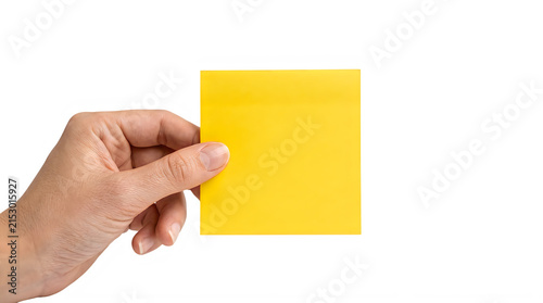 Note yellow held by hand with reminder stationery isolated background communication document information planning