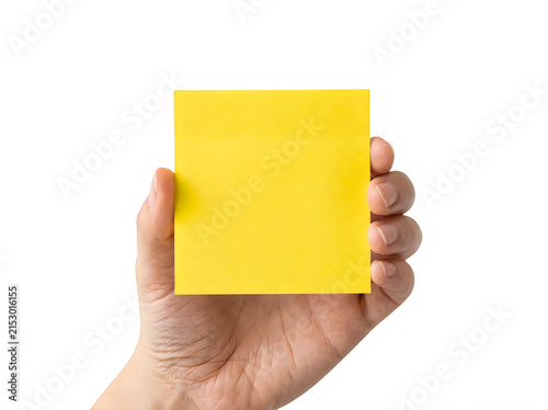 Sticky note held in hand with reminder stationery isolated background adhesive business communication information