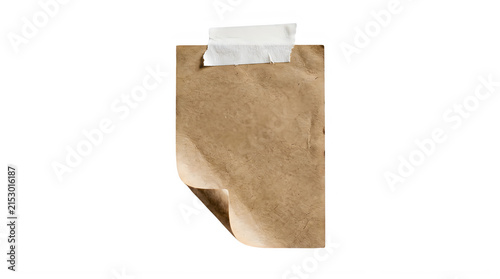 Paper sheet taped to a white background with adhesive stationery textured fastener attachment background isolated
