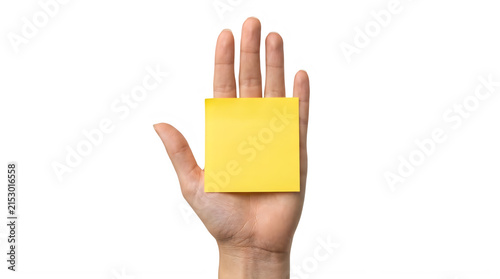 Sticky note held on palm of hand with reminder communication stationery adhesive business information background