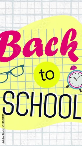 Animation of back to school text over school item icons