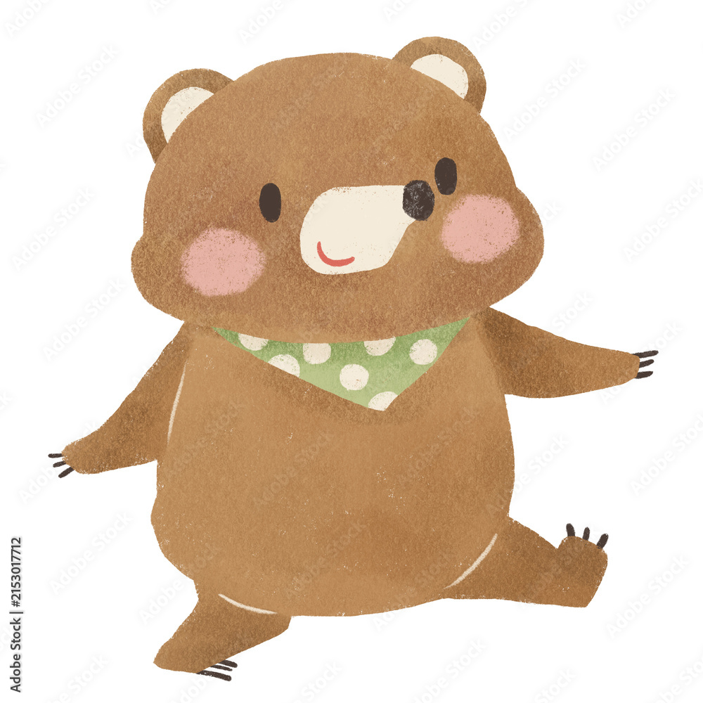 Obraz premium Cute cartoon bear wearing a green polka dot bandana, hand drawn kawaii forest animal character illustration isolated on transparent background.