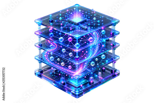 Futuristic Quantum Computer Cube with Glowing Neon Data Layers