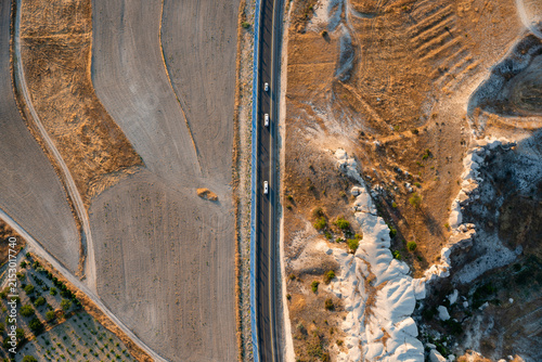 Obraz na plátně Top down aerial road crossing Cappadocia terrain near Goreme, Nevsehir, Turkey