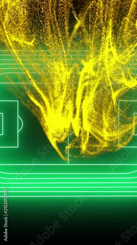 Yellow particles and green neon lines forming stadium animation over black background