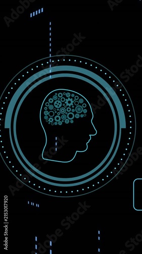 Human head with brain gears and chat bubbles, artificial intelligence concept animation