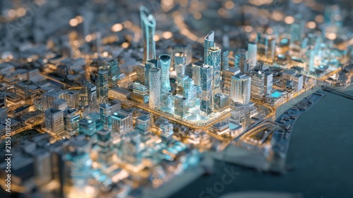 Futuristic city skyline with illuminated skyscrapers at night