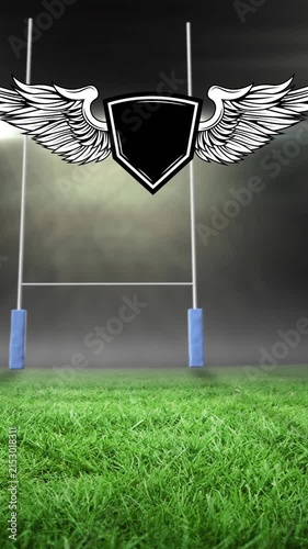 Animation of emblem with copy space over rugby field sports stadium