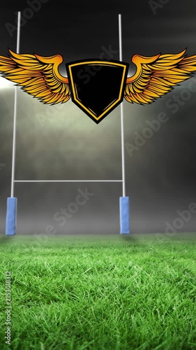 Animation of emblem with copy space over rugby field sports stadium