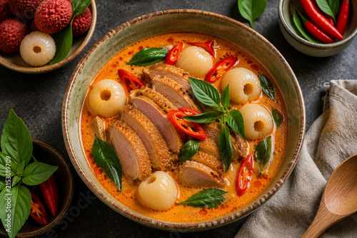 Thai Red Curry Duck with Lychee, Authentic Thai red curry duck with lychee in elegant restaurant presentation.