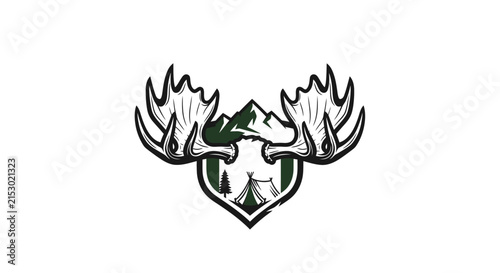 Majestic Moose Antlers with Mountain and Camping Scene Illustration