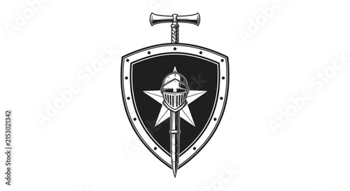 Medieval Shield with Sword and Helmet Emblem - Vintage Heraldry Design