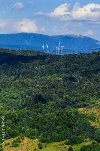 Wind turbines among the Carpathian Mountains. Ecological energy concept in Ukraine