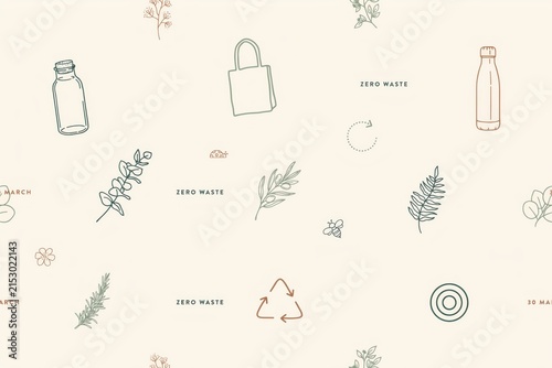Seamless pattern featuring zero waste lifestyle like glass bottles, tote bags, recycling symbols, and various botanical line