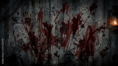Grimy concrete wall covered in bloody handprints and splatters with vintage lantern and chains.