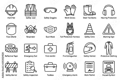 Personal Protective Equipment and Safety Gear Line Icons Set - Vector Symbols for Hard Hat, Safety Vest, Goggles, Respirator, and Fire Extinguisher