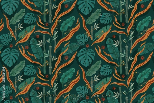Seamless pattern for international tiger day featuring orange tiger stripes, bamboo stalks, and monstera leaves on a dark green background