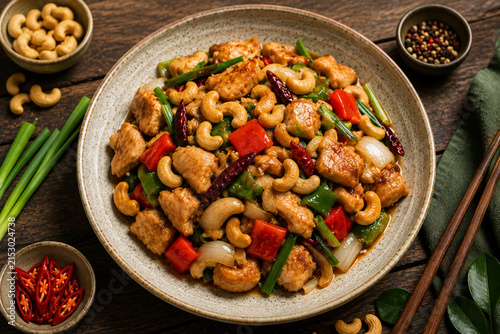 Thai Cashew Chicken Stir Fry, Thai cashew chicken stir fry with colorful vegetables and roasted nuts.