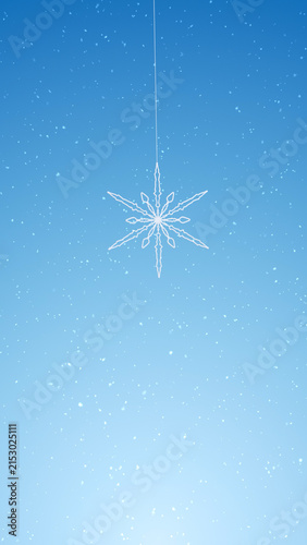 Three-dimensional snowflake swing on the string on blue copy space sky with snowfall background. Vertical illustration.
