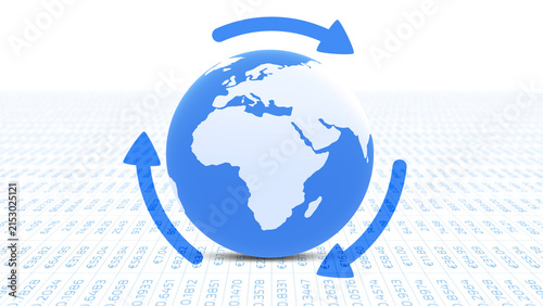Concept blue white earth planet with arrows on business spreadsheet data base. Illustration.