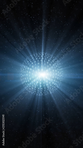 Digital binary numbers 3d sphere with rays of light vertical illustration.
