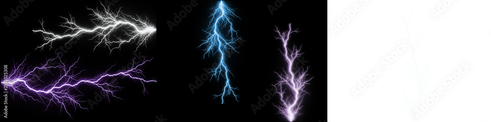 Obraz premium Four colorful lightning bolt effects on transparent background electric energy png