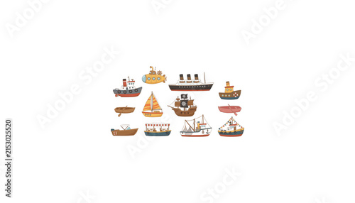 Bild auf Leinwand Cute cartoon water transport vector set featuring isolated cruise ship submarine