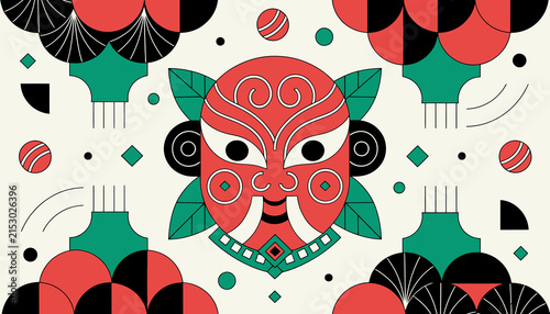 Traditional Asian Mask Art Design with Geometric Patterns - Cultural Motif Illustration