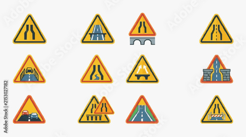 Modern Road Warning Signs Collection Yellow Triangular Icons with Black and Red Borders Featuring Vehicles Bridges and Road Hazards