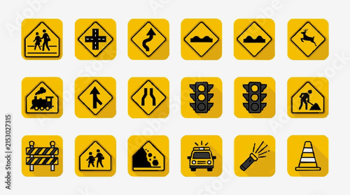 Modern Set of 18 Bright Yellow Road and Safety Warning Icons with Black Illustrations Featuring Pedestrians Animals Vehicles and Construction Symbols