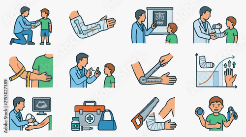 Modern Pediatric Orthopedic Treatment Process Illustrated with Colorful Medical Scenes and Tools