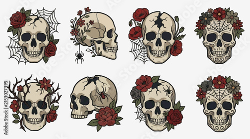 Modern Skull Designs with Floral and Spiderweb Accents Vibrant Red Roses Black Spiders and Intricate Patterns on Skulls
