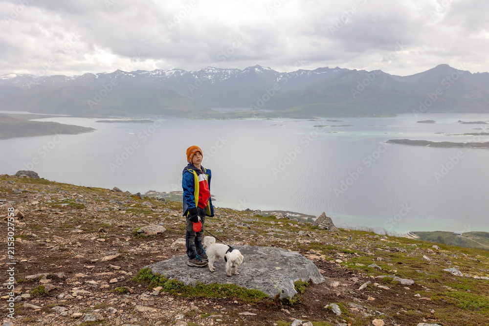 Fototapeta premium Family, hikinh Husfjellet Mountain on Senja Island in northern Norway, bad weather conditions, fog and rain, still enjoying some views over surrounding fjords