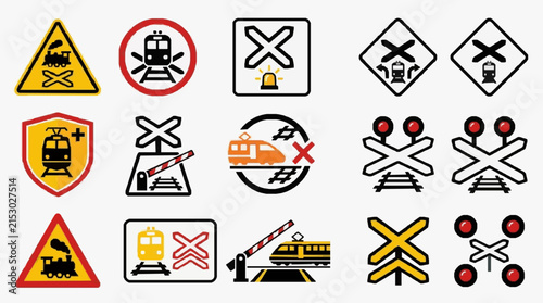 Modern Railway Crossing and Train Warning Signs Collection with Icons Symbols and Signals in Bright Colors
