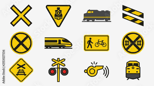 Modern Railway Crossing Warning Signs Collection with Bright Yellow and Black Icons Train Symbols and Safety Alerts