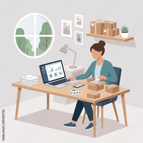 Woman Working at Desk with Laptop in Home Office
