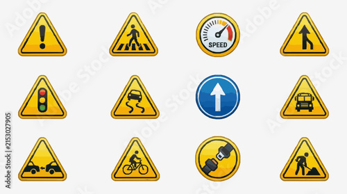 Modern Road Warning and Direction Signs Set with Yellow Triangles Blue Circle Speedometer and Various Vehicles Pedestrians Icons