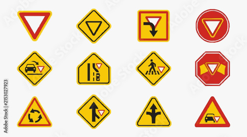Modern Road Warning Signs Collection Featuring Yellow Red and Black Traffic Symbols for Vehicles and Pedestrians